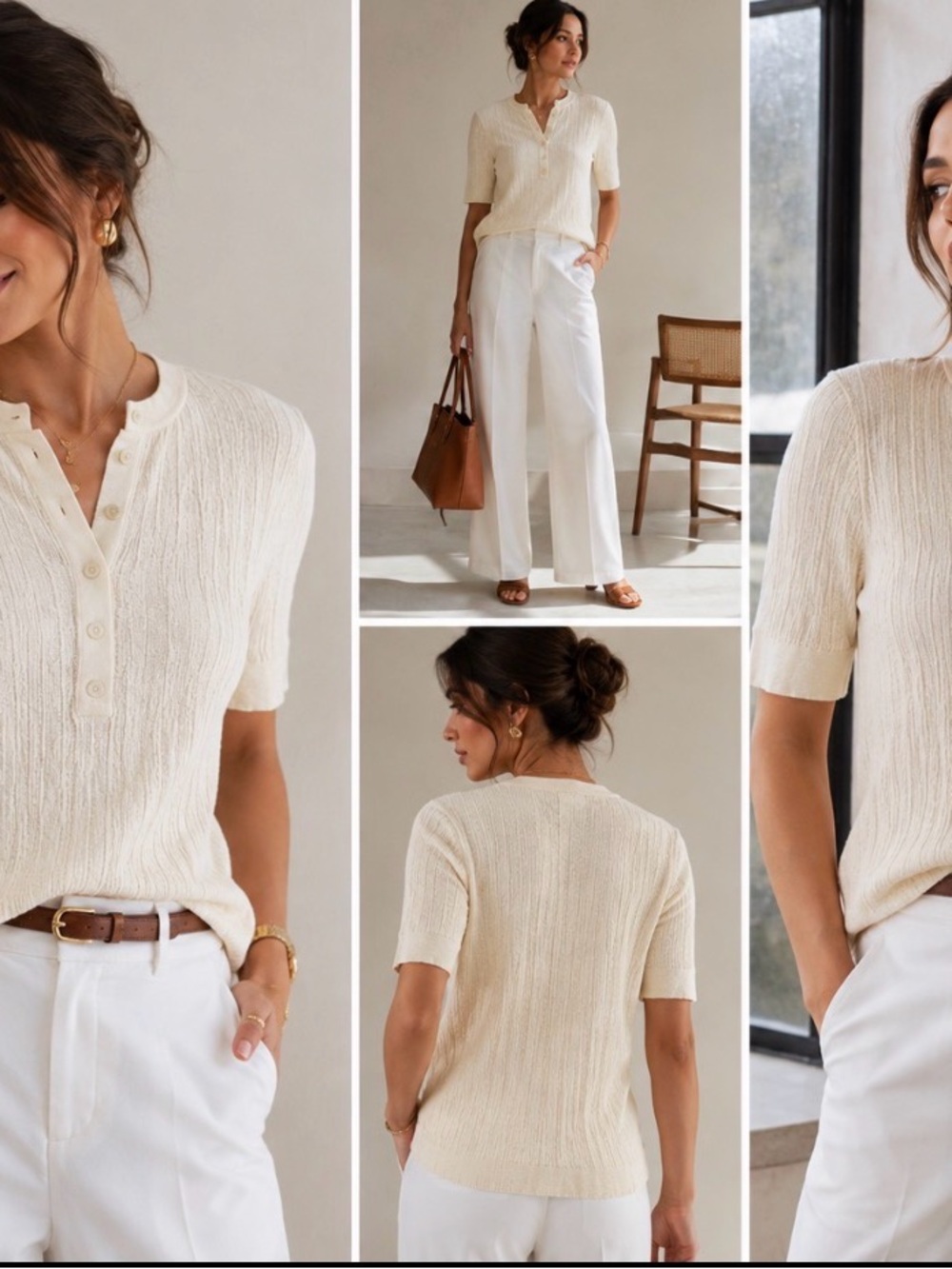 A.L.C. Ivory Short-Sleeve Ribbed Henley Top